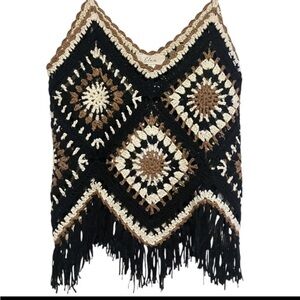 Elan Crochet Tank Top! Fringe detail in Black, Cream, and Brown.